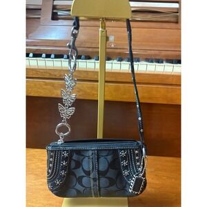 Coach Signature Studded Wristlet Black Canvas Leather Y2K Mini Bag